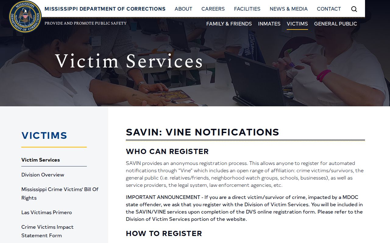 Official MDOC MS SAVIN and VINE notification information